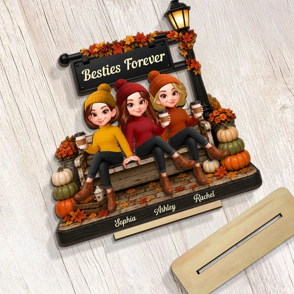 Personalized 2-Layer Wooden Plaque, Fall Lamp Post Friends Scene, Unique Gift For Besties - Image 5