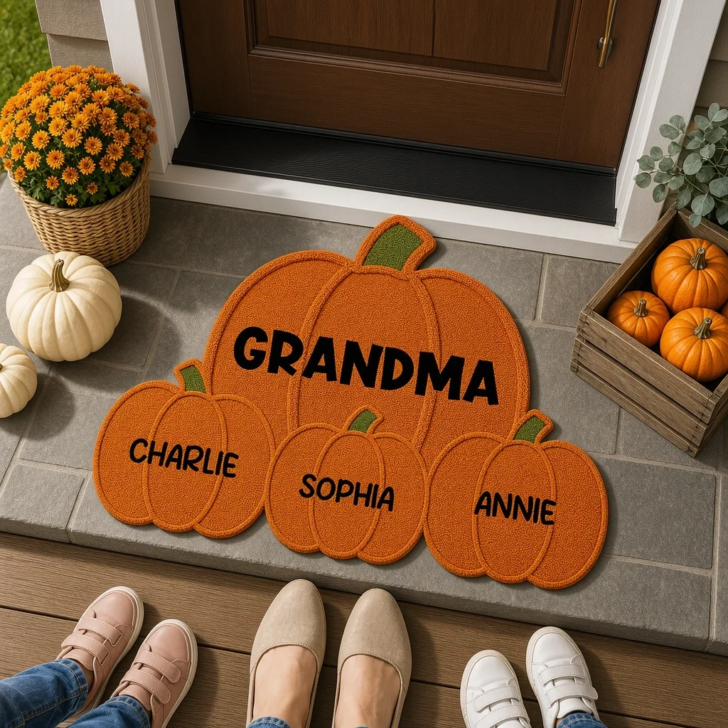 Personalized Pumpkin Shaped Doormat for Grandma, Unique Fall Entryway Gift with Little Pumpkins