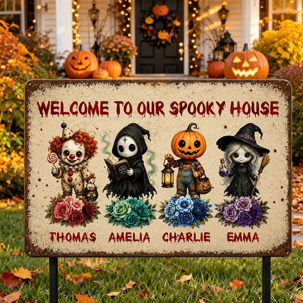 Personalized Rectangular Iron Sign, Welcome To Our Spooky House Halloween Porch Decor, Unique Family Gift