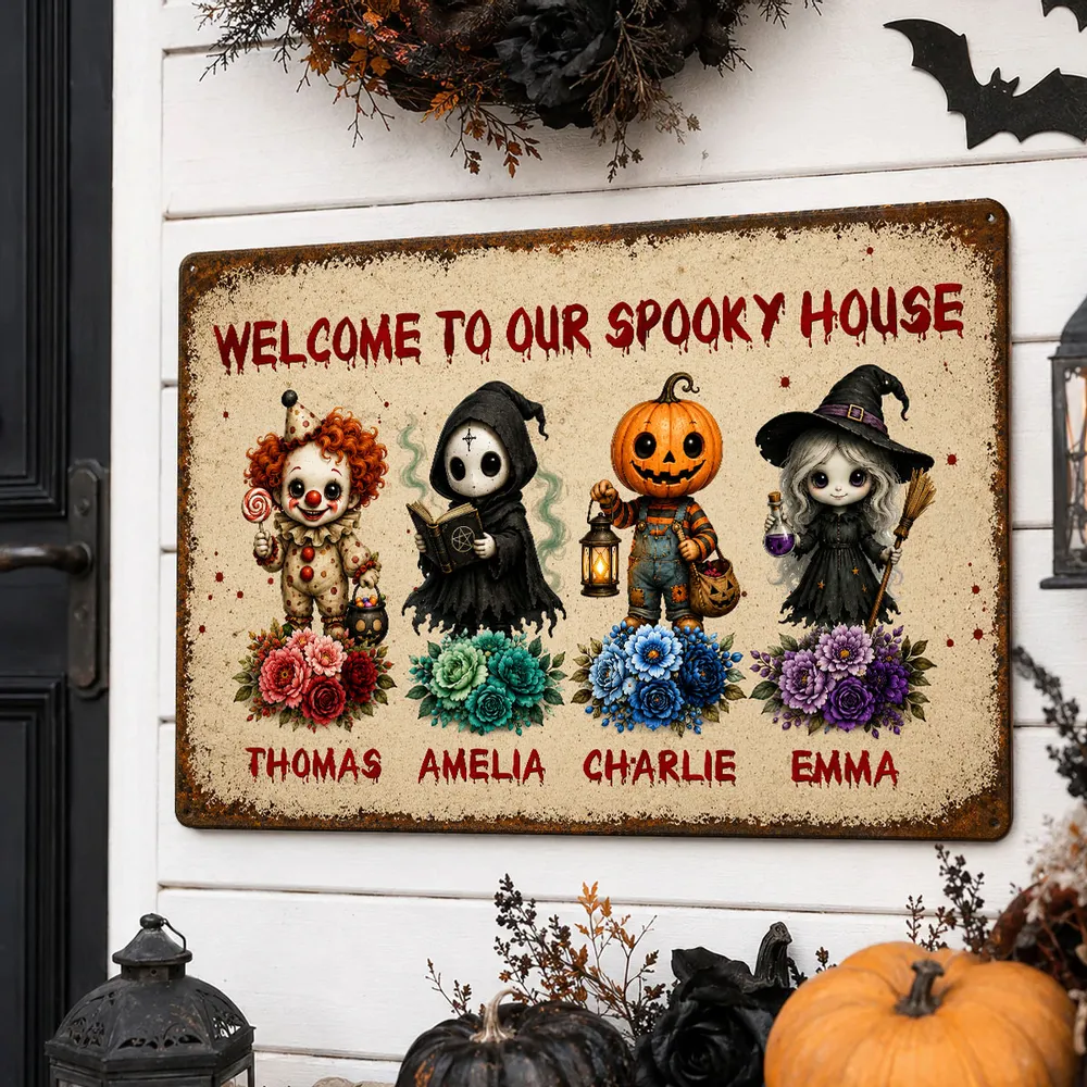 Personalized Rectangular Iron Sign, Welcome To Our Spooky House Halloween Porch Decor, Unique Family Gift - Image 2