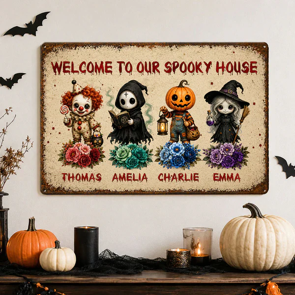 Personalized Rectangular Iron Sign, Welcome To Our Spooky House Halloween Porch Decor, Unique Family Gift - Image 3