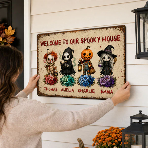 Personalized Rectangular Iron Sign, Welcome To Our Spooky House Halloween Porch Decor, Unique Family Gift - Image 6