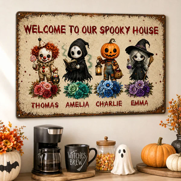 Personalized Rectangular Iron Sign, Welcome To Our Spooky House Halloween Porch Decor, Unique Family Gift - Image 7