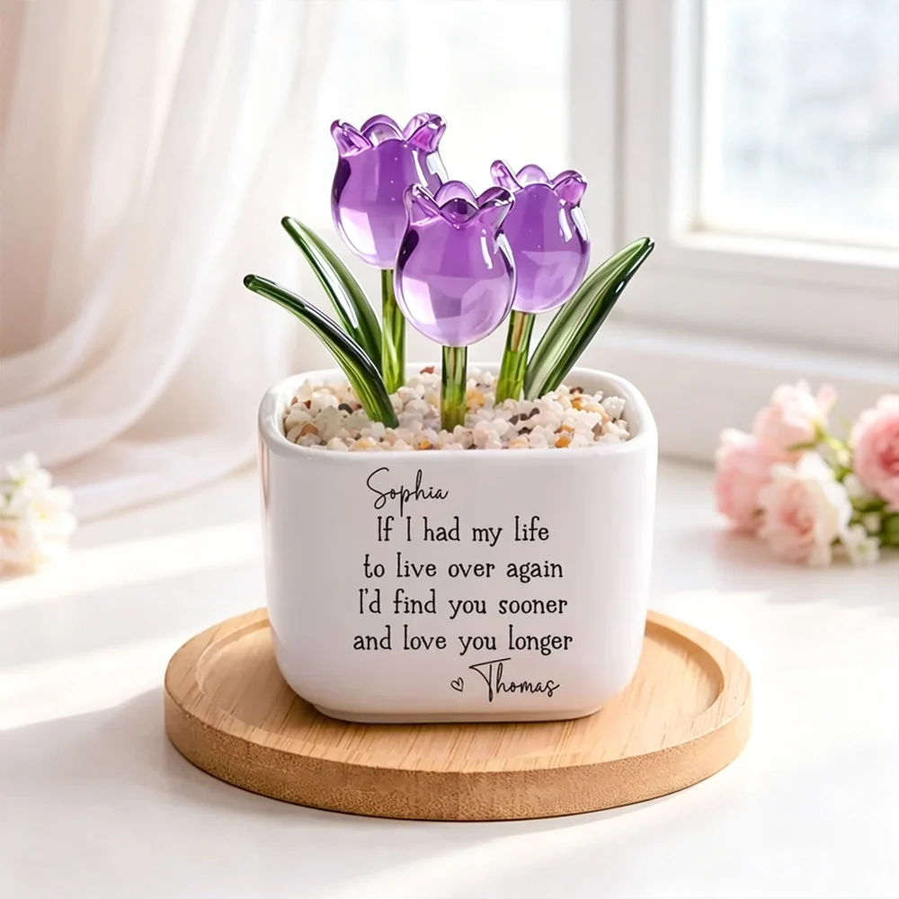 Personalized Square Glass Planter With Purple Tulips, Unique Creative Gift For Partner