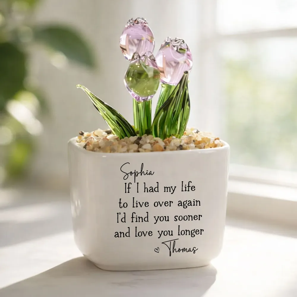 Personalized Square Glass Planter With Purple Tulips, Unique Creative Gift For Partner - Image 2
