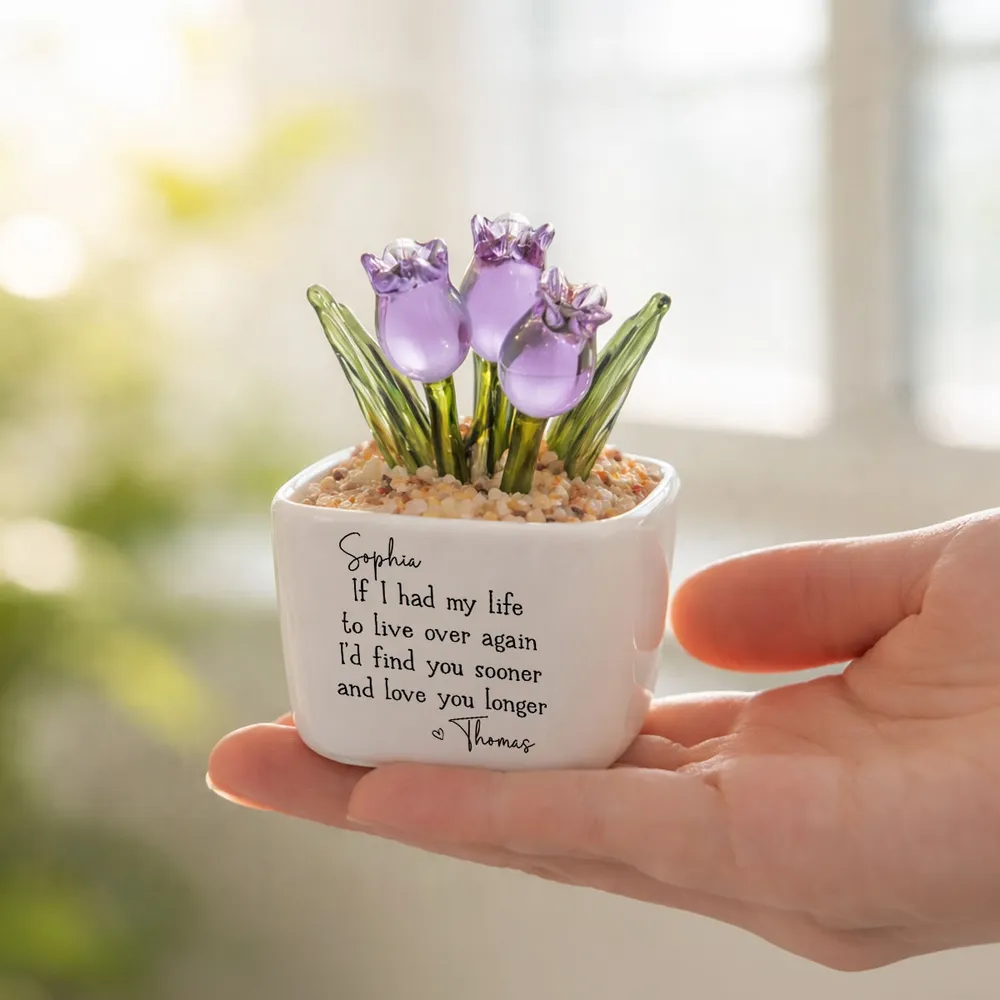 Personalized Square Glass Planter With Purple Tulips, Unique Creative Gift For Partner - Image 5
