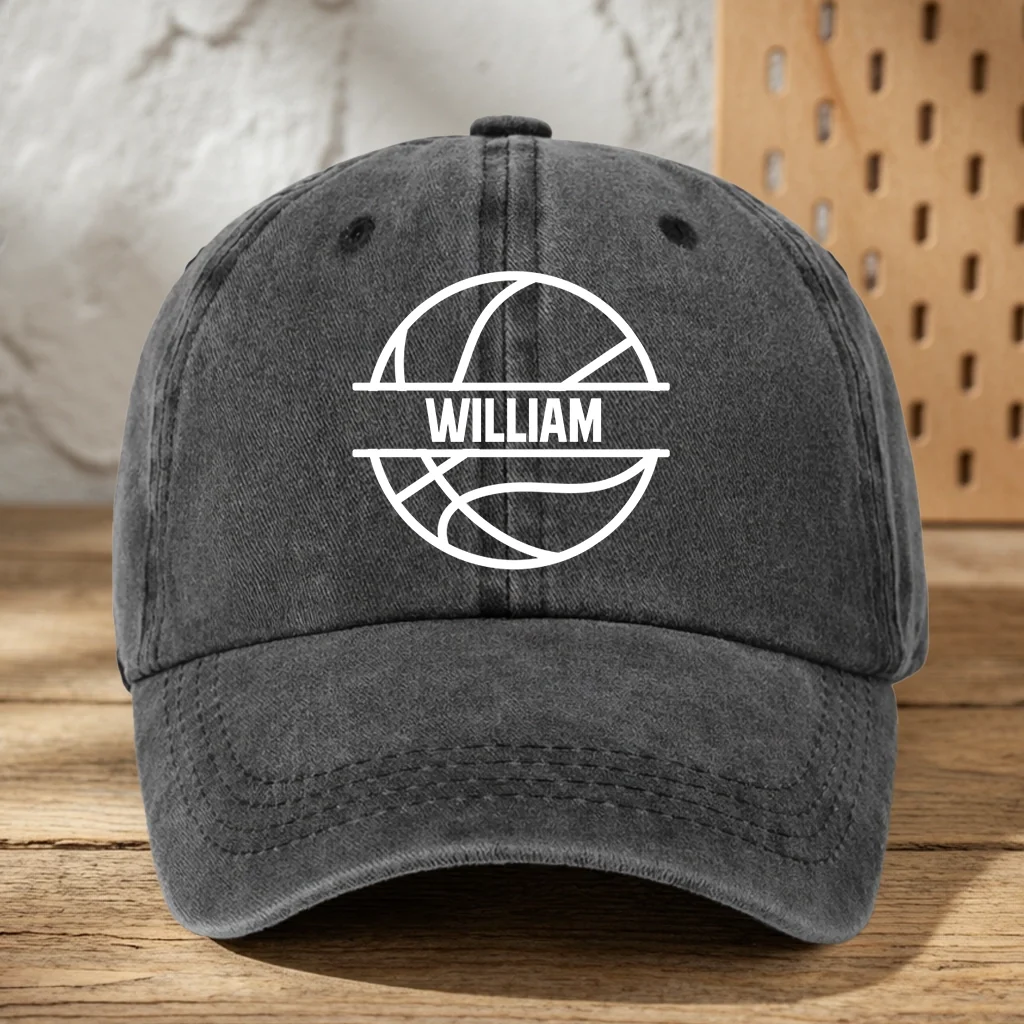 Personalized Washed Denim Baseball Cap with Basketball Graphic, Unique Gift for Players & Sports Fans