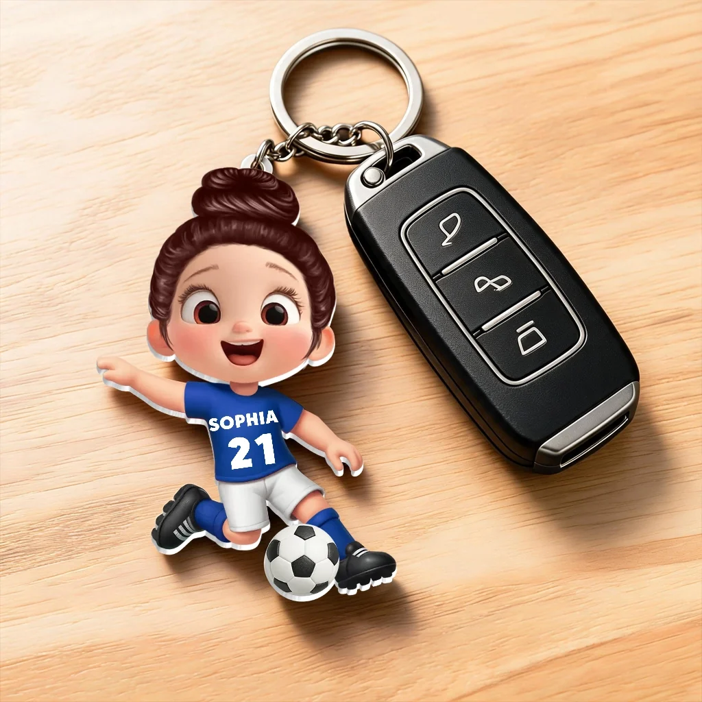 Soccer Kid Acrylic Keychain, Smiling Player With Ball, Unique Gift for Kids & Soccer Fans