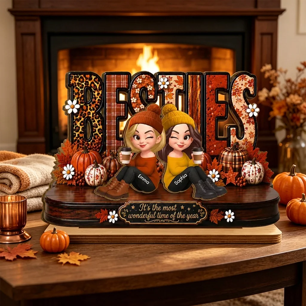 Personalized 2-Layer Wooden Plaque, Sitting Besties with Coffee, Unique Fall Gift for Close Friend