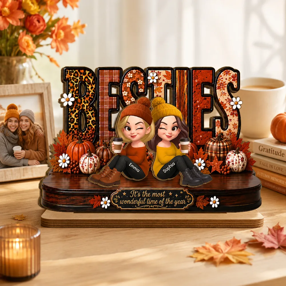 Personalized 2-Layer Wooden Plaque, Sitting Besties with Coffee, Unique Fall Gift for Close Friend - Image 2