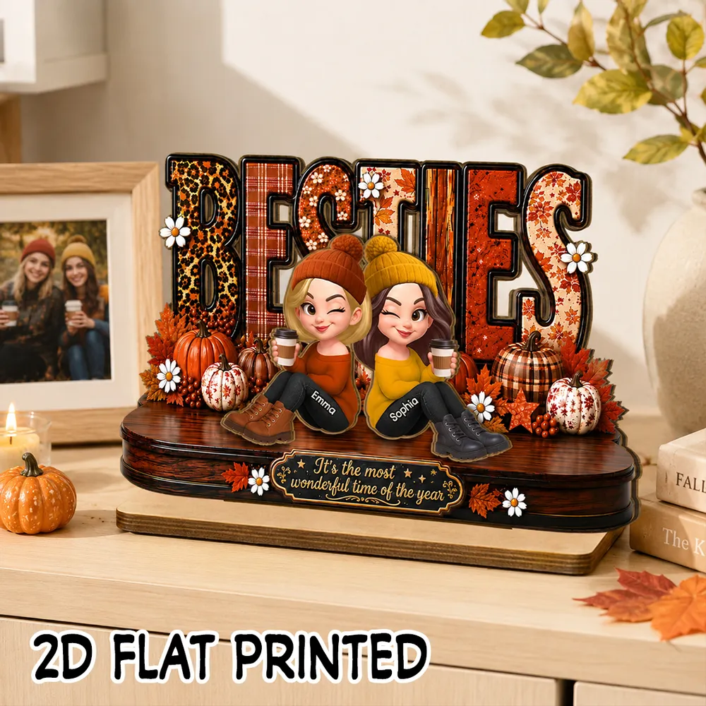 Personalized 2-Layer Wooden Plaque, Sitting Besties with Coffee, Unique Fall Gift for Close Friend - Image 3