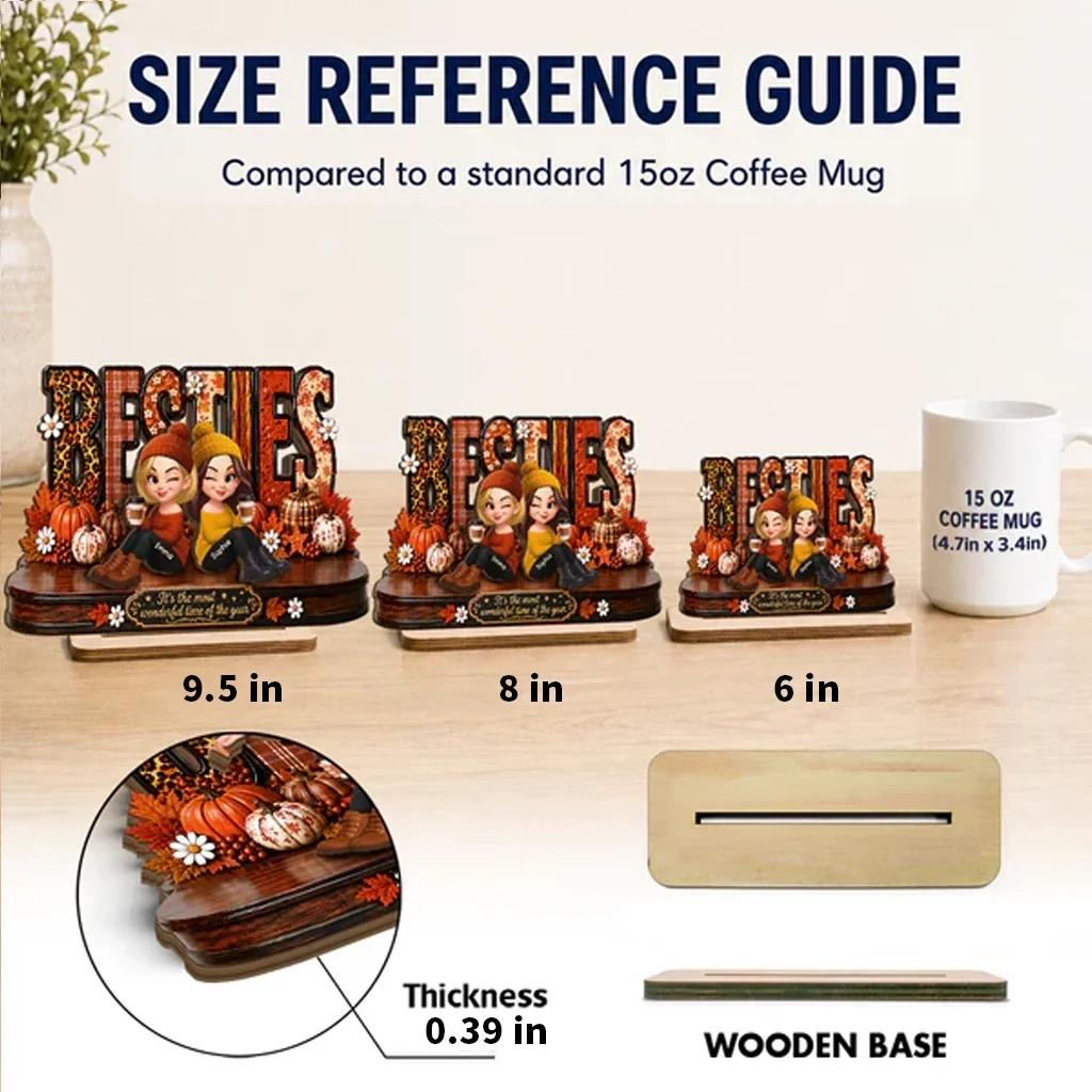 Personalized 2-Layer Wooden Plaque, Sitting Besties with Coffee, Unique Fall Gift for Close Friend - Image 4