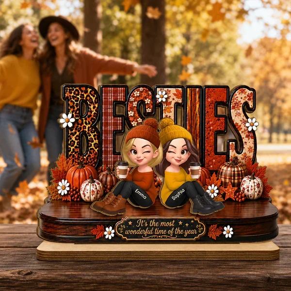 Personalized 2-Layer Wooden Plaque, Sitting Besties with Coffee, Unique Fall Gift for Close Friend - Image 5