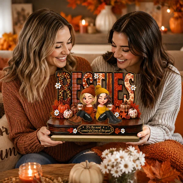 Personalized 2-Layer Wooden Plaque, Sitting Besties with Coffee, Unique Fall Gift for Close Friend - Image 6