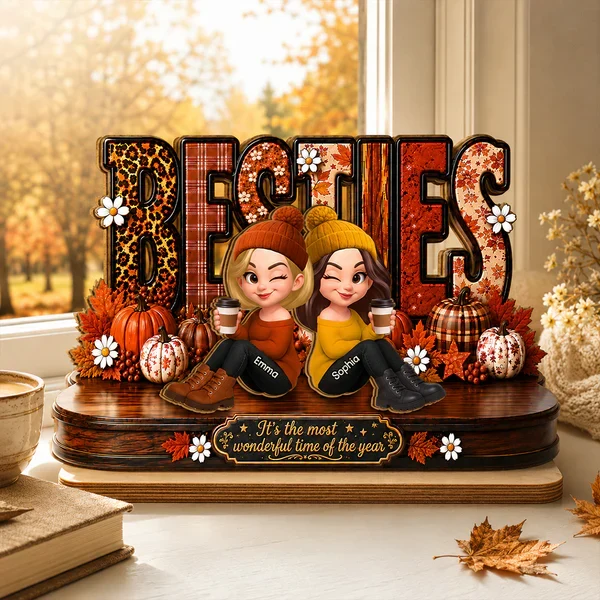 Personalized 2-Layer Wooden Plaque, Sitting Besties with Coffee, Unique Fall Gift for Close Friend - Image 7