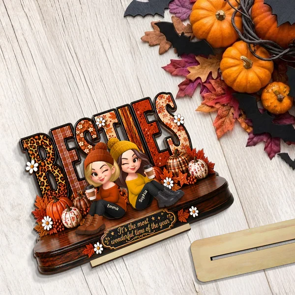 Personalized 2-Layer Wooden Plaque, Sitting Besties with Coffee, Unique Fall Gift for Close Friend - Image 8