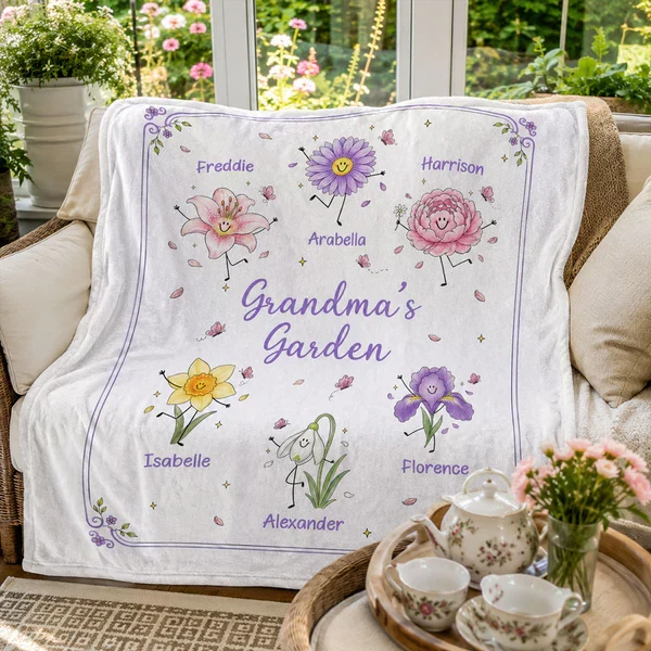 Personalized Fleece Blanket Held by Kids, Grandma's Garden Birth Flower Doodles, Unique Gift for Grandma - Image 3