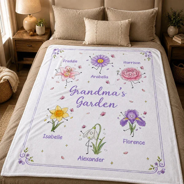 Personalized Fleece Blanket Held by Kids, Grandma's Garden Birth Flower Doodles, Unique Gift for Grandma - Image 7