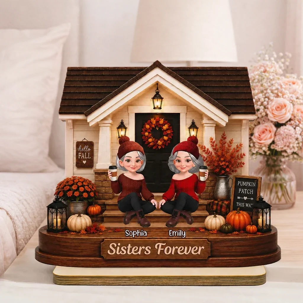 Personalized 2-Layer Wooden Plaque with Fall Porch Sisters, Unique Gift for Sister, Cozy Home Decor
