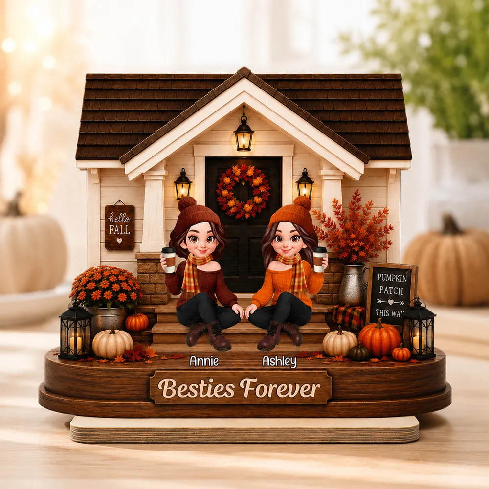 Personalized 2-Layer Wooden Plaque with Fall Porch Sisters, Unique Gift for Sister, Cozy Home Decor - Image 2