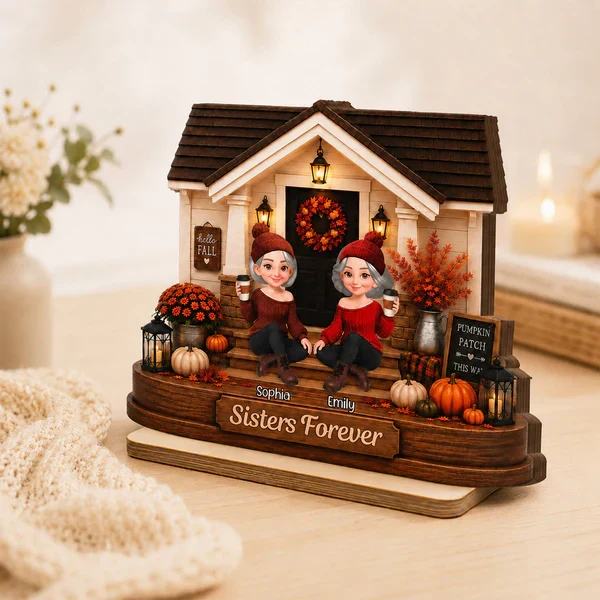 Personalized 2-Layer Wooden Plaque with Fall Porch Sisters, Unique Gift for Sister, Cozy Home Decor - Image 3