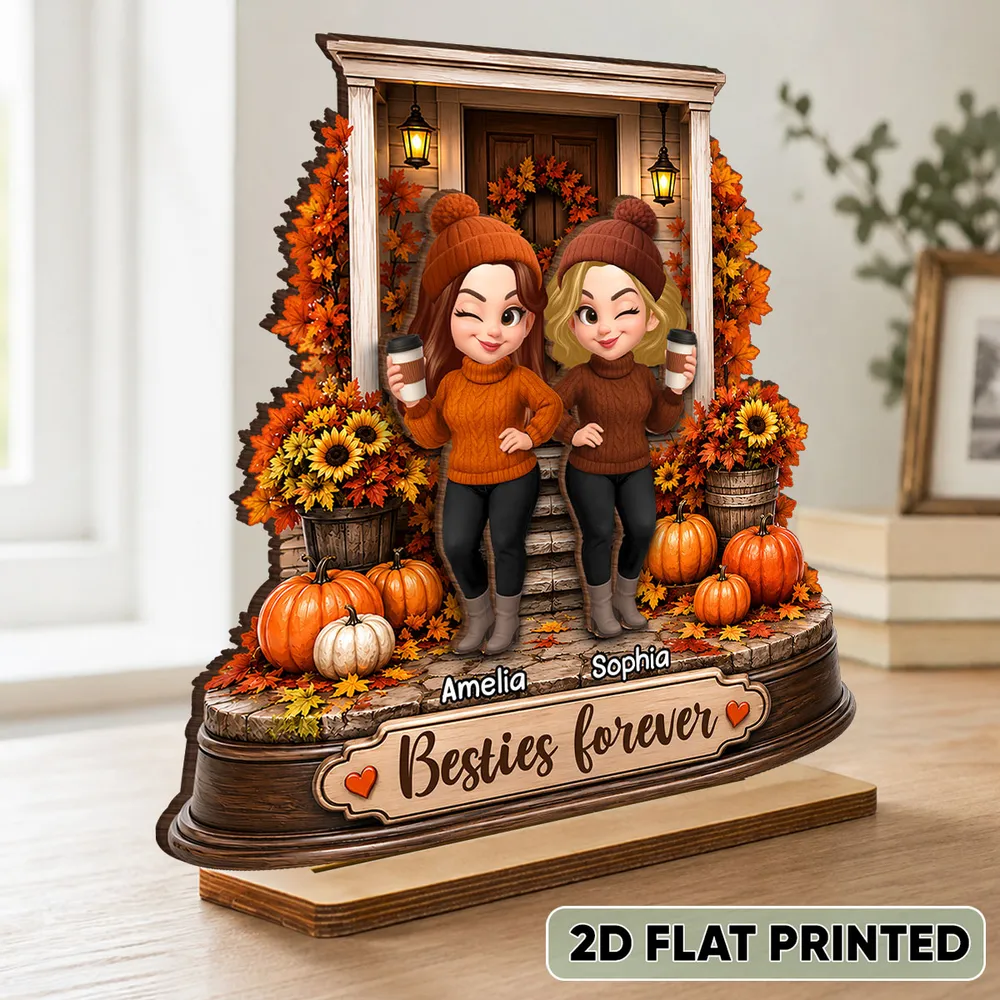 Personalized 2-Layer Wooden Plaque, Besties Forever Autumn Porch Scene, Unique Gift For Close Friend - Image 3