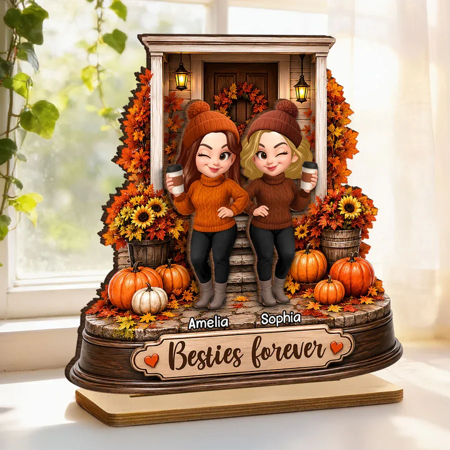 Personalized 2-Layer Wooden Plaque, Besties Forever Autumn Porch Scene, Unique Gift For Close Friend - Image 5