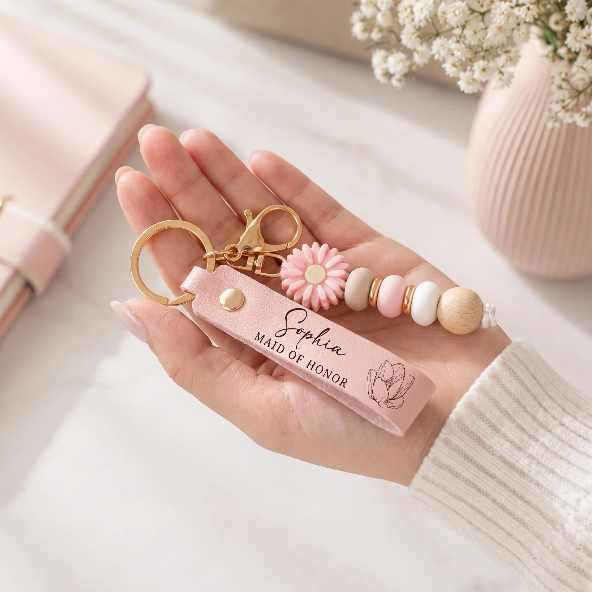 Daisy Keychain For Bridesmaid & Maid Of Honor, Creative Wedding Party Gift With Pastel Floral Style - Image 3