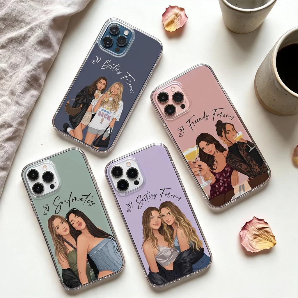 Custom Clear TPU Phone Case For Friends, Pastel Portrait Art Unique Gift With Soulmates Vibe