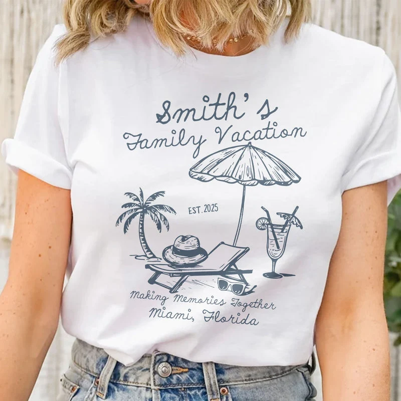 Personalized Classic Tee, Blue Palm & Umbrella Beach Scene, Unique Creative Gift For Family Vacation - Image 2