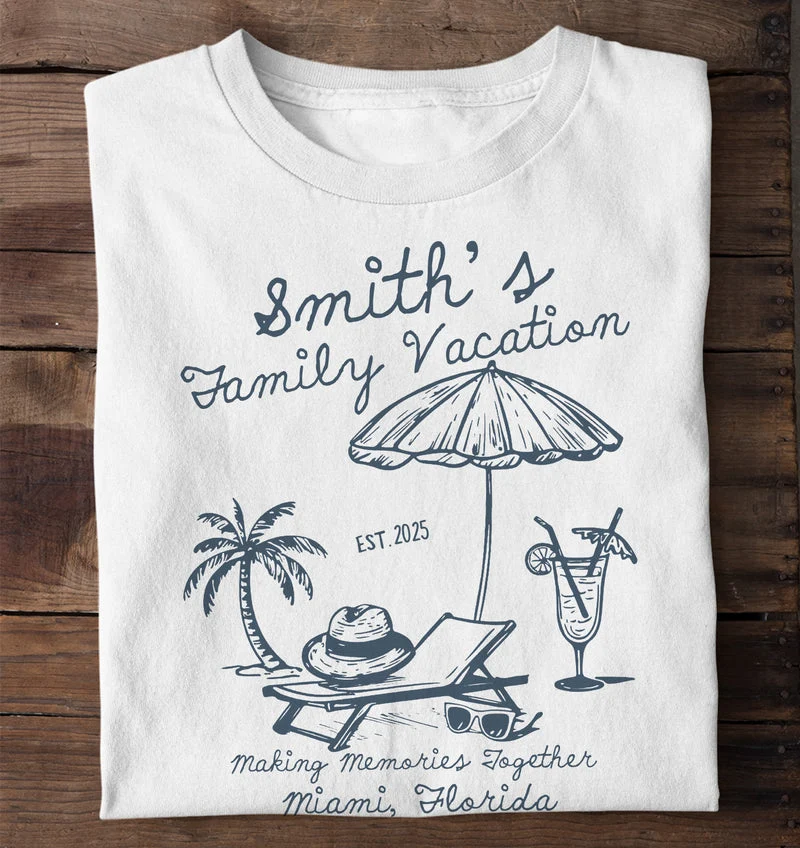 Personalized Classic Tee, Blue Palm & Umbrella Beach Scene, Unique Creative Gift For Family Vacation - Image 3