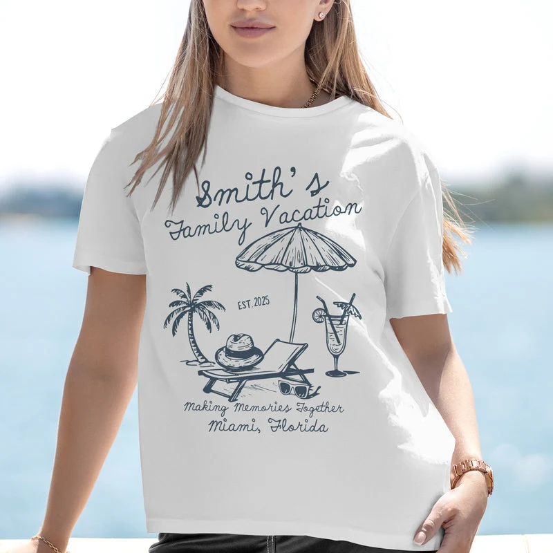 Personalized Classic Tee, Blue Palm & Umbrella Beach Scene, Unique Creative Gift For Family Vacation - Image 4