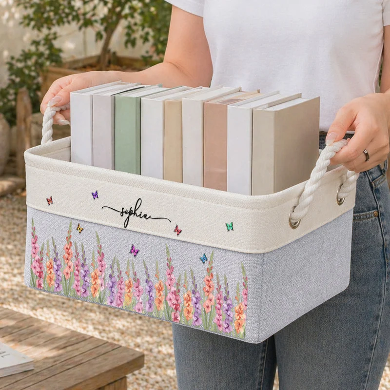 Personalized Cotton Linen Rope Basket, Pink Floral Organizer For Her, Unique Creative Gift For Home Decor - Image 2