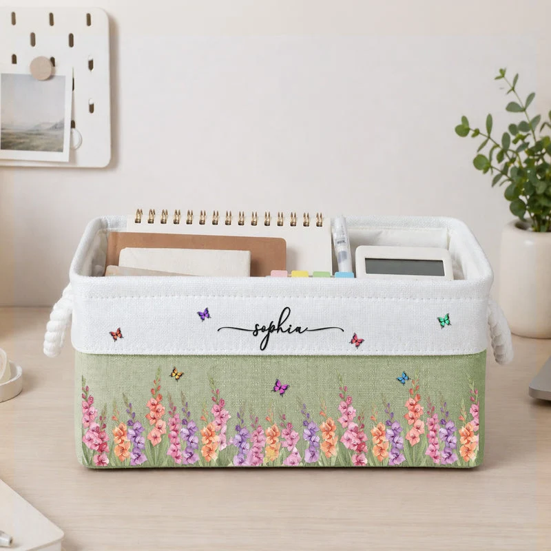 Personalized Cotton Linen Rope Basket, Pink Floral Organizer For Her, Unique Creative Gift For Home Decor - Image 3