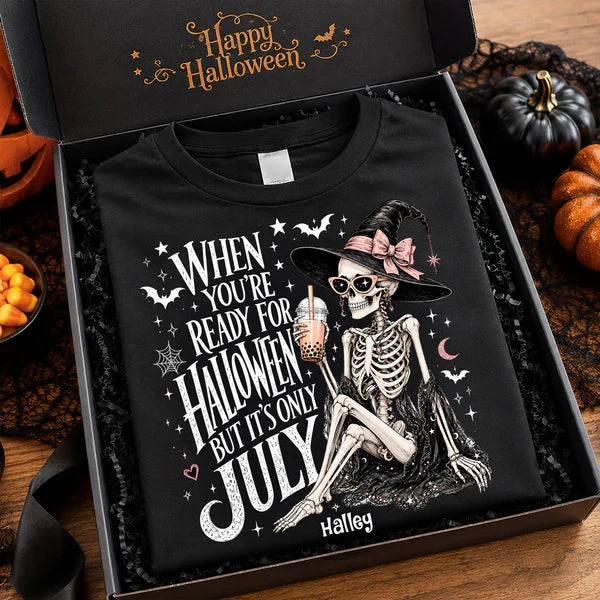 Personalized Classic Tee, Sitting Skeleton Witch Halloween In July Art, Unique Gift For Spooky Style - Image 3