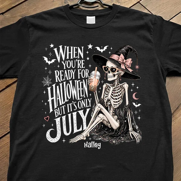 Personalized Classic Tee, Sitting Skeleton Witch Halloween In July Art, Unique Gift For Spooky Style - Image 4