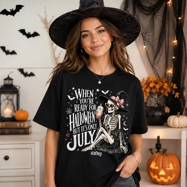 Personalized Classic Tee, Sitting Skeleton Witch Halloween In July Art, Unique Gift For Spooky Style - Image 5
