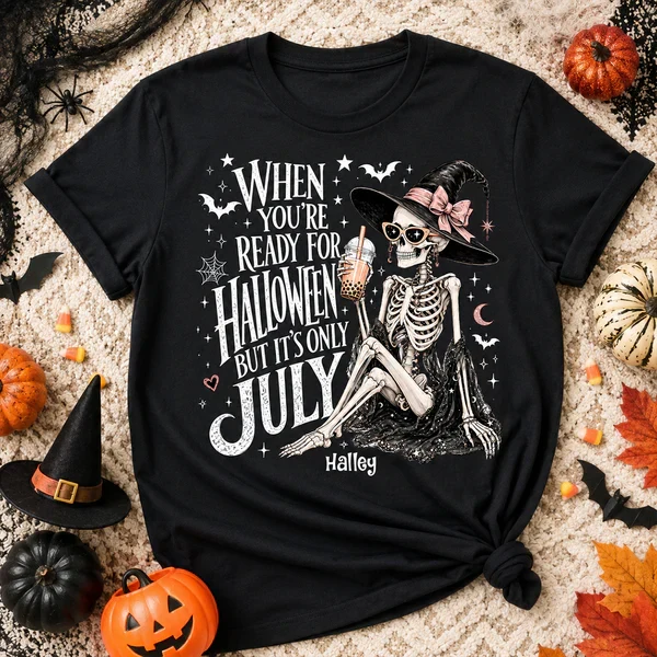 Personalized Classic Tee, Sitting Skeleton Witch Halloween In July Art, Unique Gift For Spooky Style - Image 6