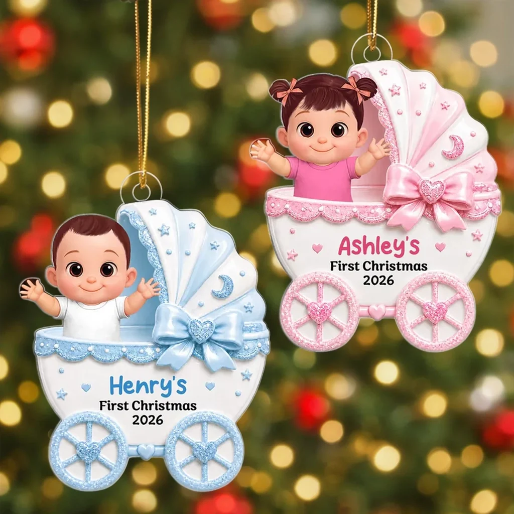 Personalized Acrylic Ornament, Waving Baby in Stroller on Christmas Tree, Unique Creative Gift for New Parents