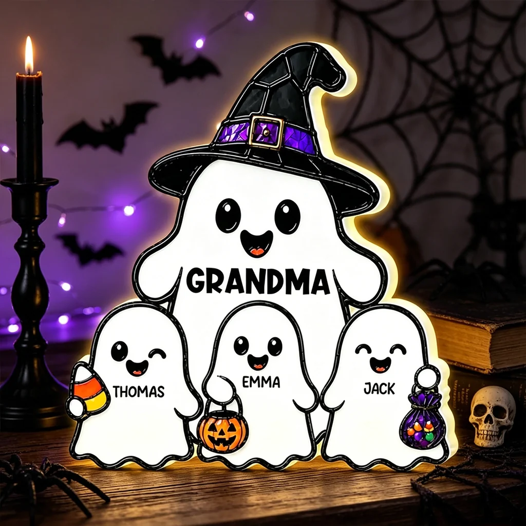 Personalized Acrylic Light Box, Cute Ghost Grandma Halloween Decor, Unique Gift With Warm Glow