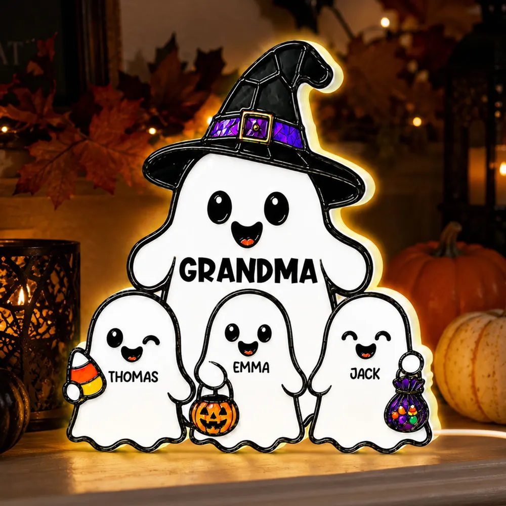 Personalized Acrylic Light Box, Cute Ghost Grandma Halloween Decor, Unique Gift With Warm Glow - Image 2
