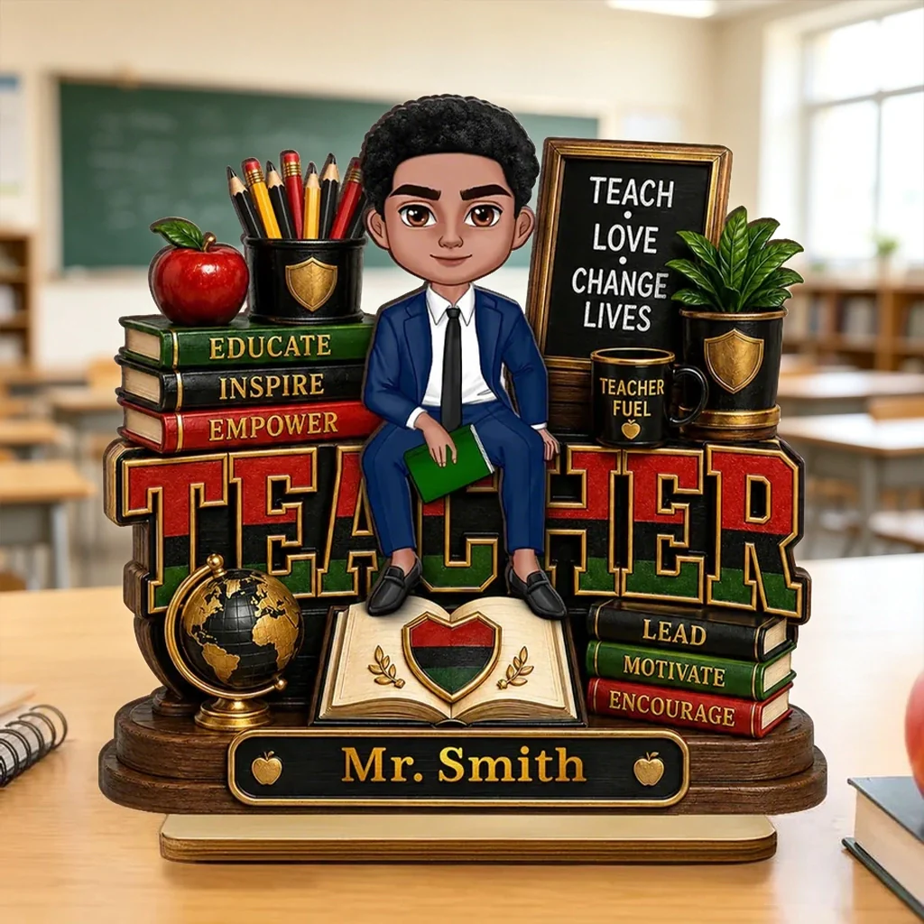 Personalized Wooden Plaque for Teacher, Sitting Classroom Illustration, Unique Creative Gift for Educators