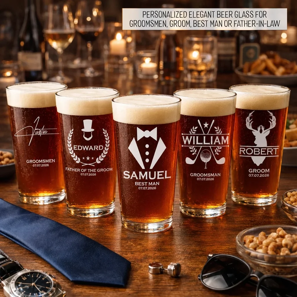 Personalized Beer Glass With Elegant Etched Style Design For Groomsmen, Groom & Father-in-Law, Unique Creative Gift