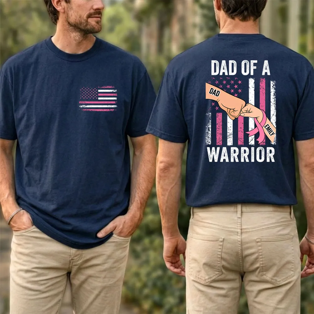 Personalized Dual Print Classic Tee for Dad, Dad of a Warrior Pink Ribbon Unique Gift - Image 3