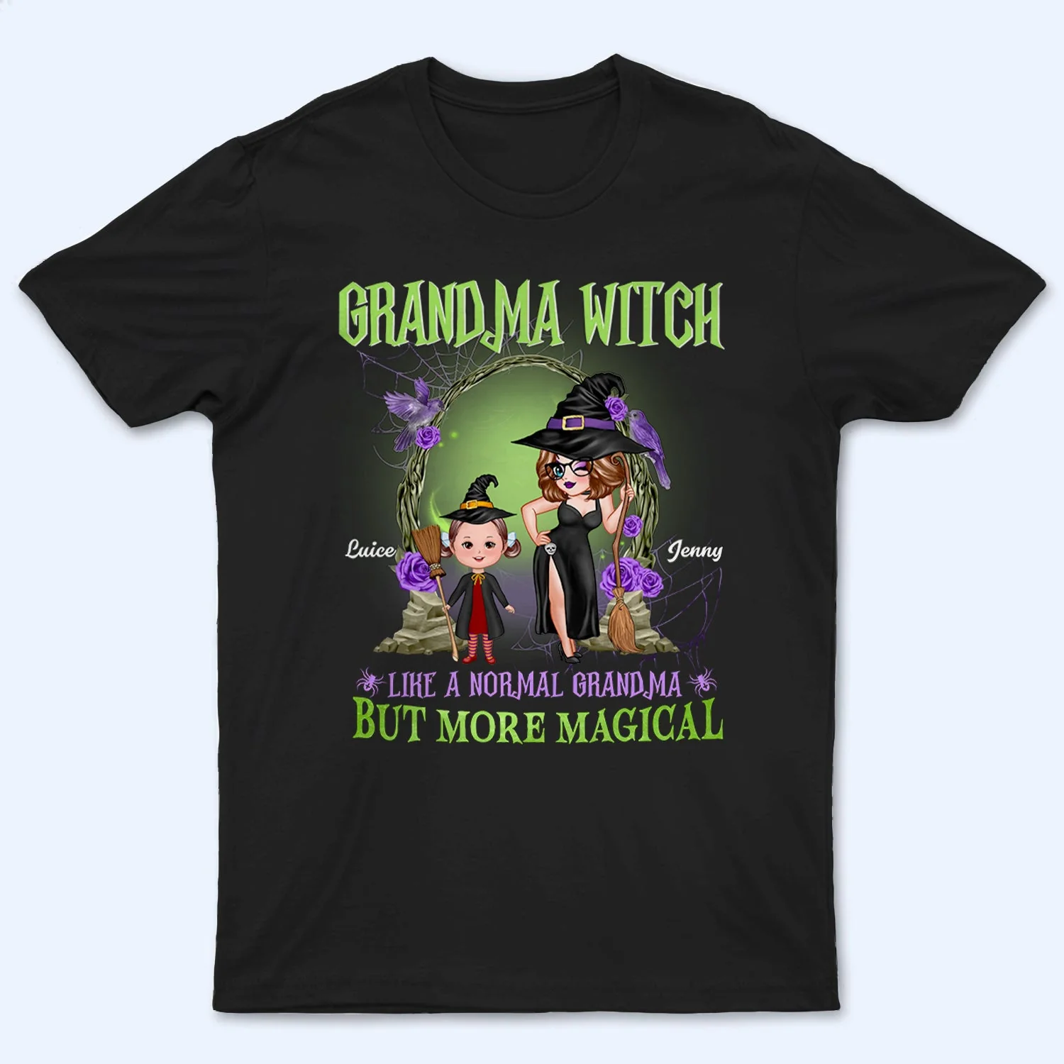 Personalized Grandma Witch Classic Tee, Standing Witch Grandma & Child, Unique Halloween Gift