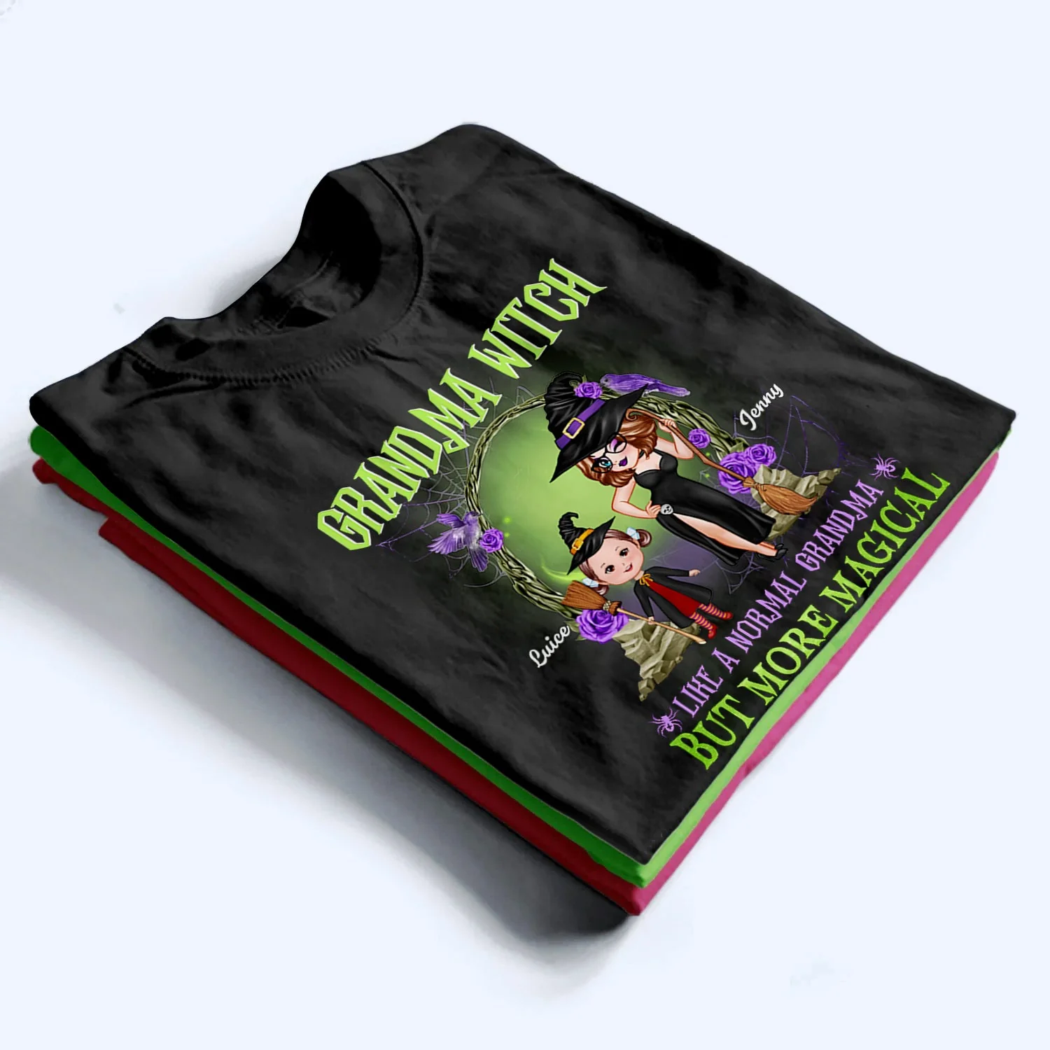 Personalized Grandma Witch Classic Tee, Standing Witch Grandma & Child, Unique Halloween Gift - Image 2