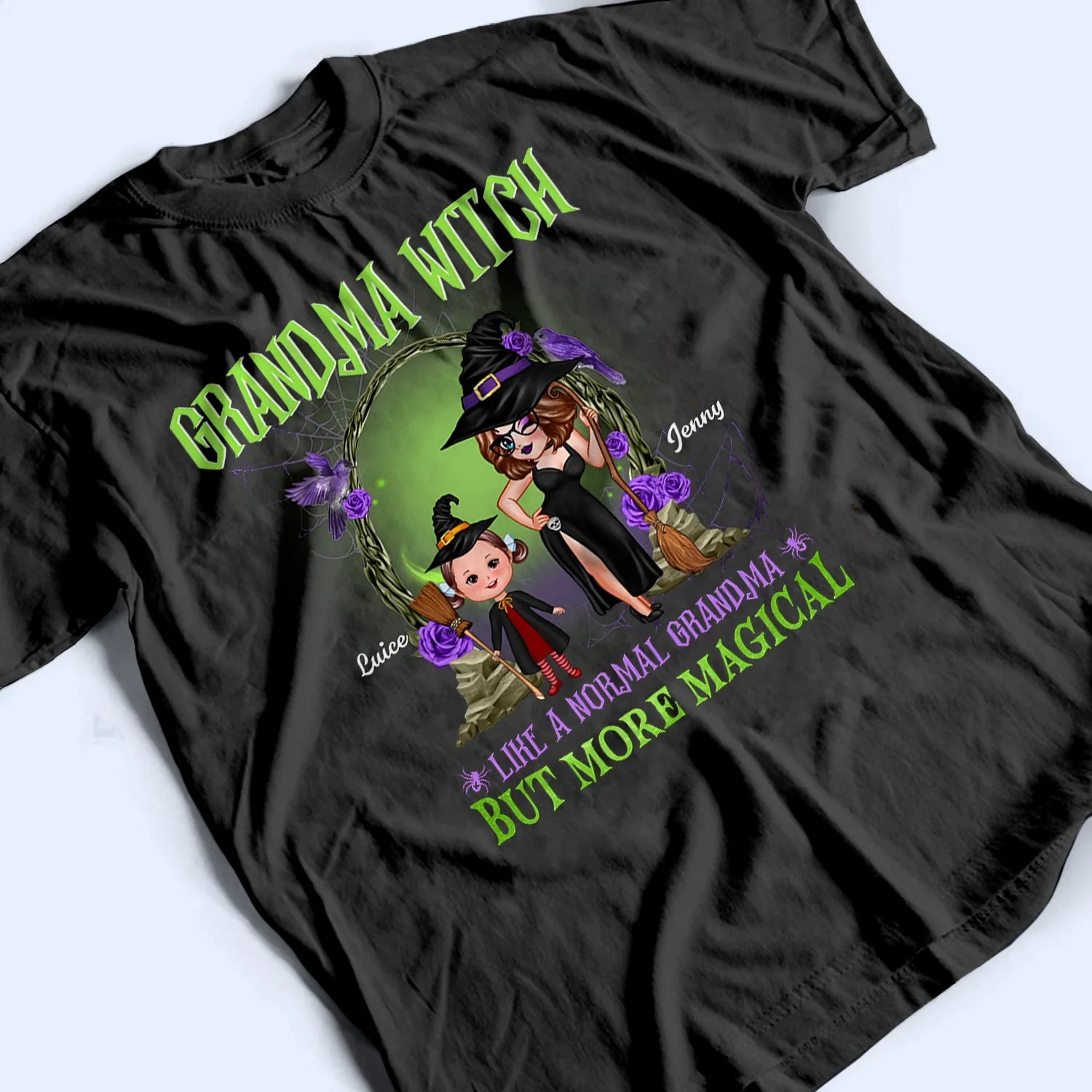Personalized Grandma Witch Classic Tee, Standing Witch Grandma & Child, Unique Halloween Gift - Image 3