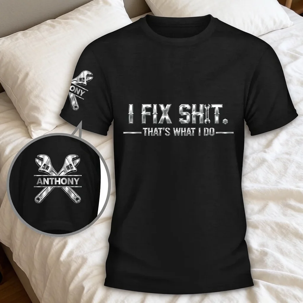 Personalized Dual Print Classic Tee with Mechanic Wrench Art, Unique Creative Gift for Fix-It Guys