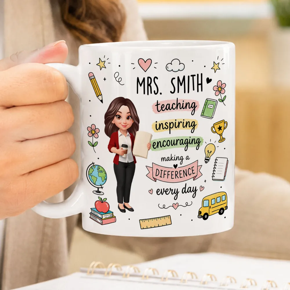 Personalized Ceramic Mug for Teacher, Cute Teacher Illustration & School Icons, Unique Back-to-School Gift - Image 2