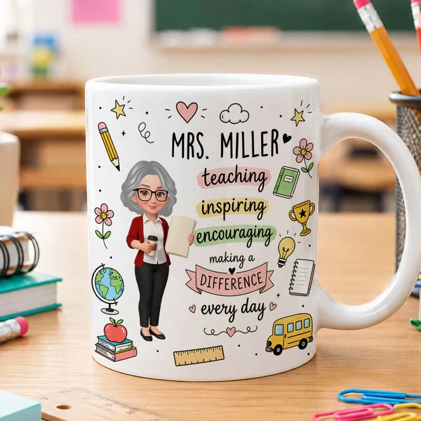 Personalized Ceramic Mug for Teacher, Cute Teacher Illustration & School Icons, Unique Back-to-School Gift - Image 3